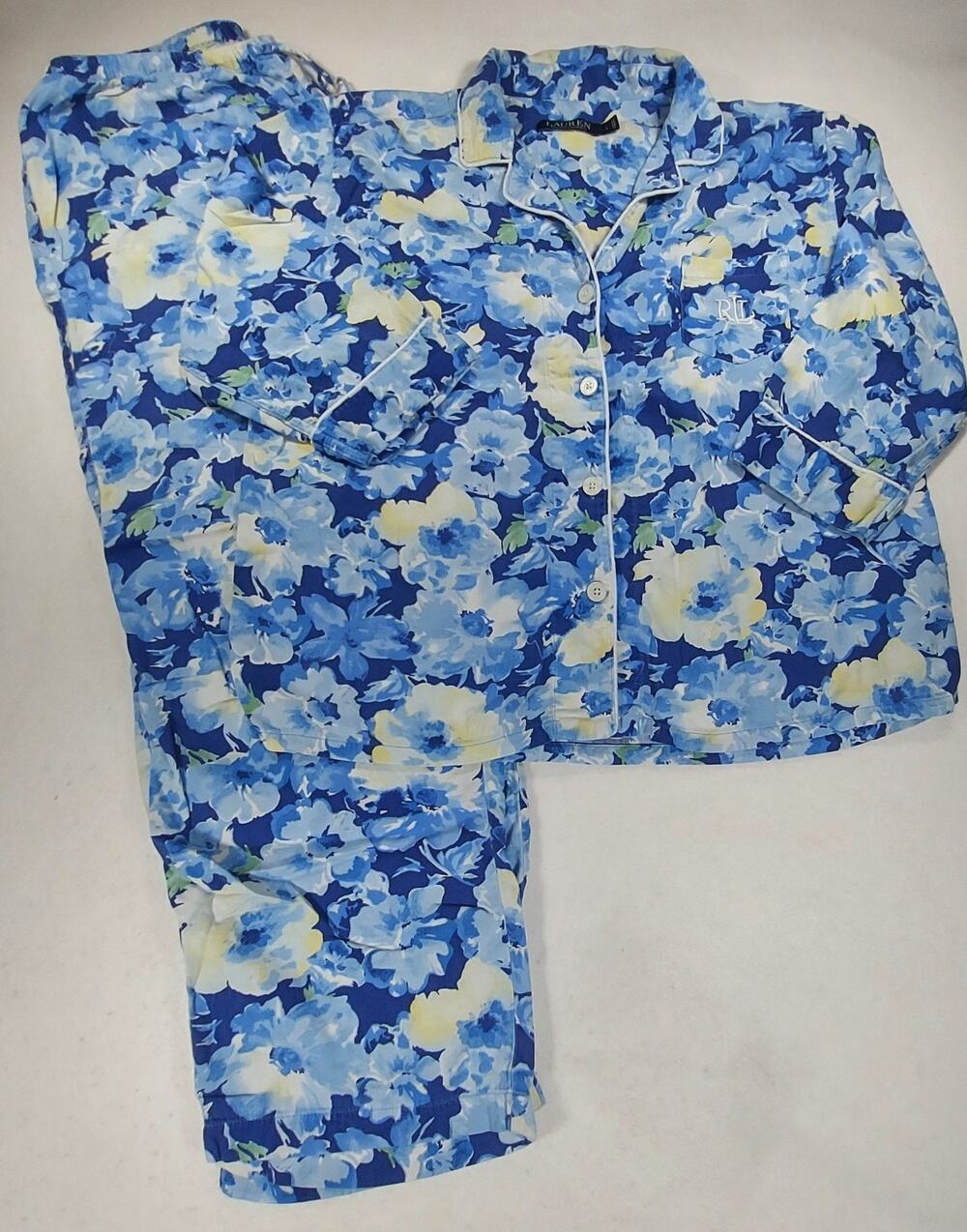 Ralph Lauren Womens Lg 3/4 Sleeve 2 Piece PJ Set Blue/Yellow Chinoiserie Floral